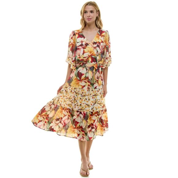 New NWT Figeroa Flower Flutter Sleeve Tiered Sunflower Floral Large Lined - Picture 1 of 9